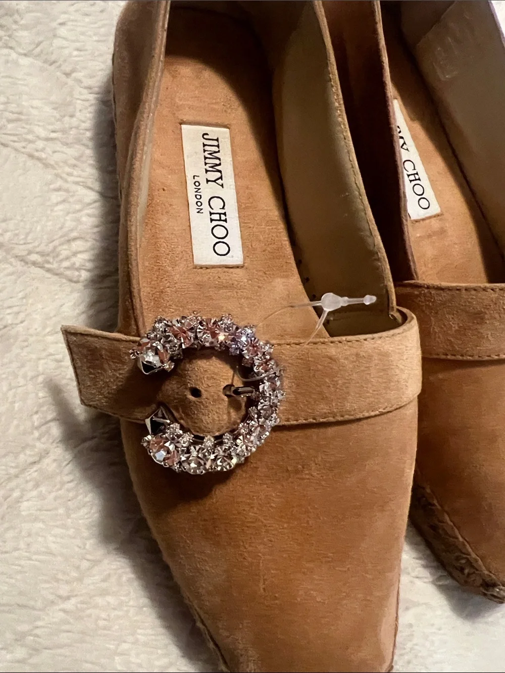 Authentic Jimmy Choo Tan Suede Crystal-Buckle Loafers Espadrilles